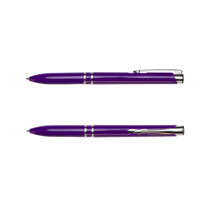 A purple pen with a shiny finish, featuring silver accents and a clip, showcasing a sleek design.