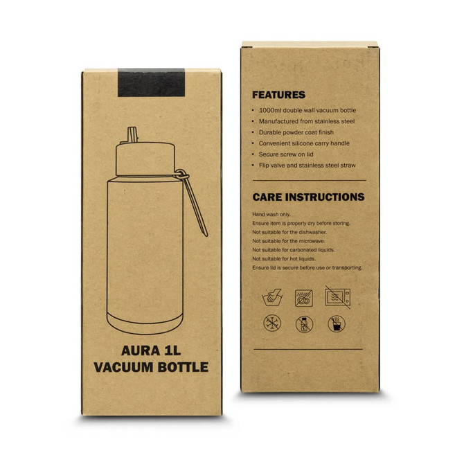 A drink bottle in a cardboard box, featuring a stainless steel design with a silicone handle, and a screw-on lid.