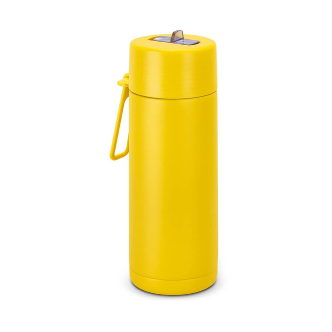 A drink bottle in bright yellow, featuring a flip-top lid and a carry handle. It has a logo on the side.
