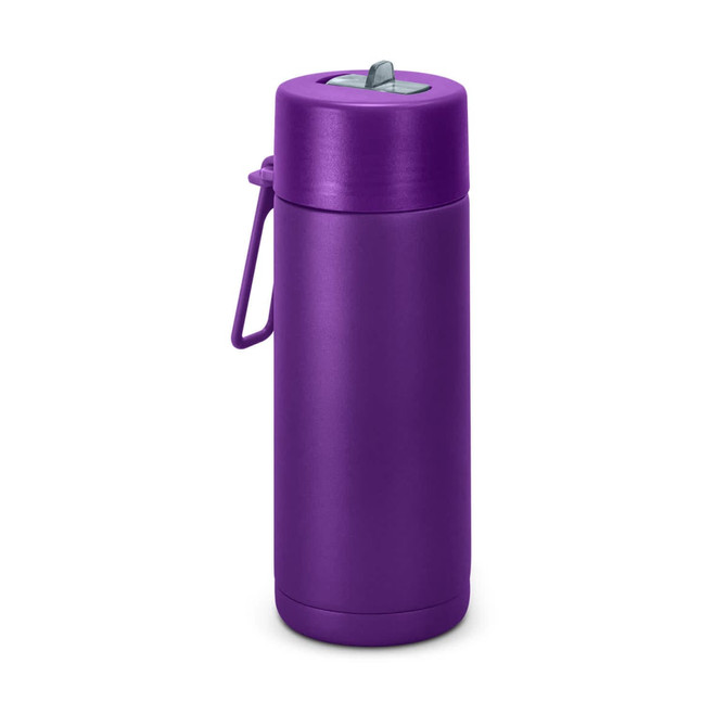 A drink bottle in a vibrant purple hue, featuring a metal construction and a convenient handle.