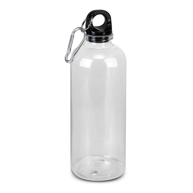 A drink bottle with a clear body, black lid, and a metal carabiner attached. It has a simple design and no visible branding.