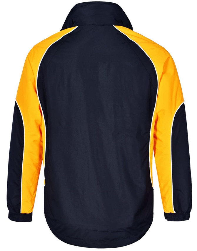 A unisex jacket featuring a navy blue body with vibrant yellow accents, and a logo on the back.