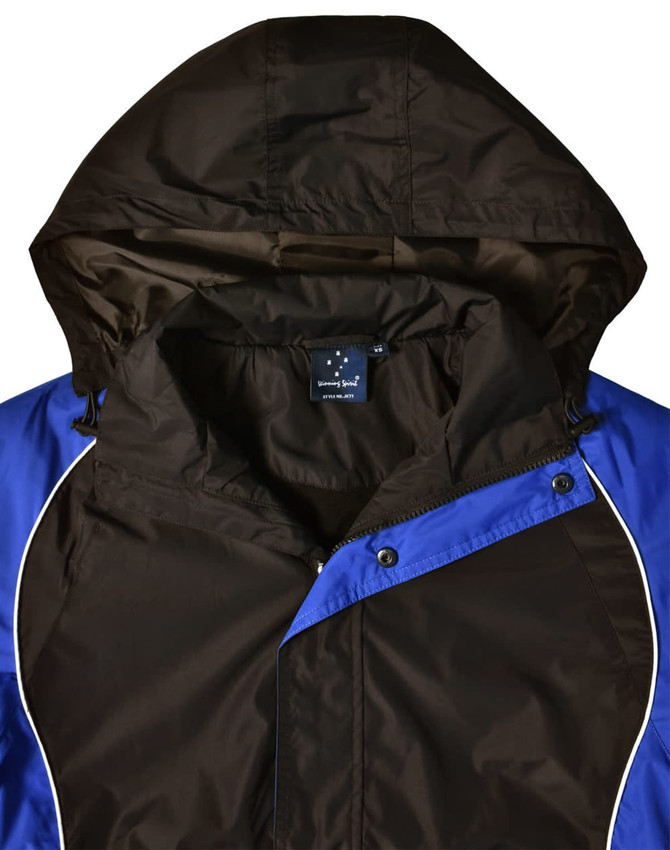 A unisex jacket featuring a blue and black design, with a hood and front fastening. It includes a logo.