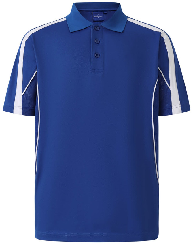 A blue polo shirt featuring white detailing and a logo, designed with a short sleeve style.