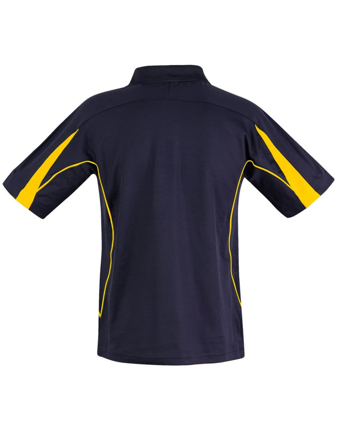 A navy blue polo shirt with yellow accents, featuring a collar and short sleeves. It has a logo on it.