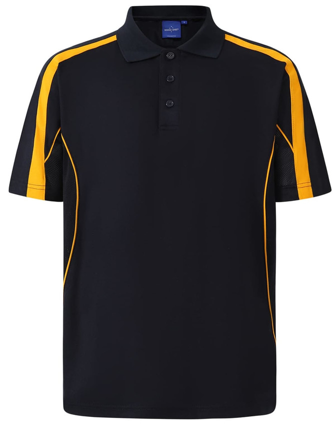 A navy polo shirt featuring yellow accents and a collar, designed with short sleeves and a logo.