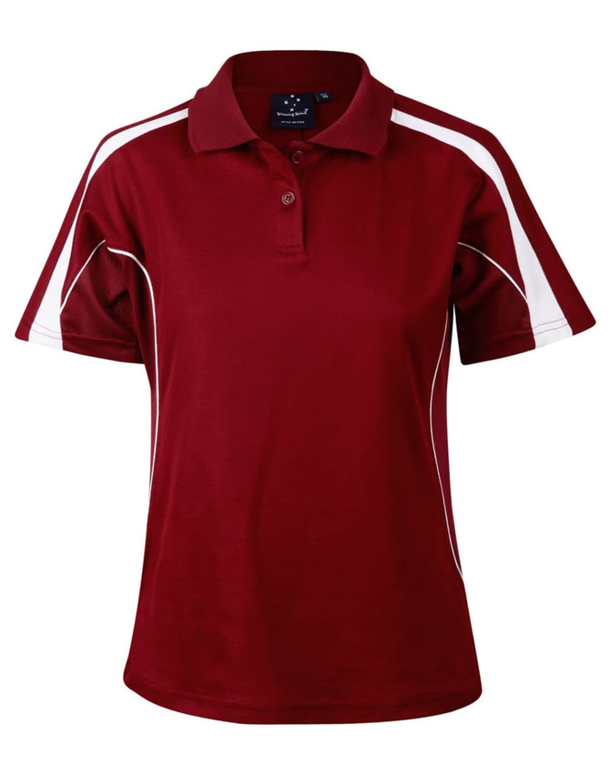 A maroon short sleeve polo shirt featuring white accents and a logo on the collar.