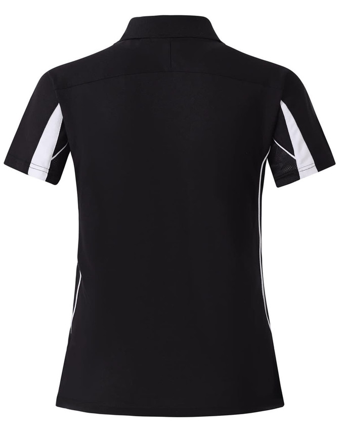 A navy short sleeve polo shirt with white detailing and a subtle logo.