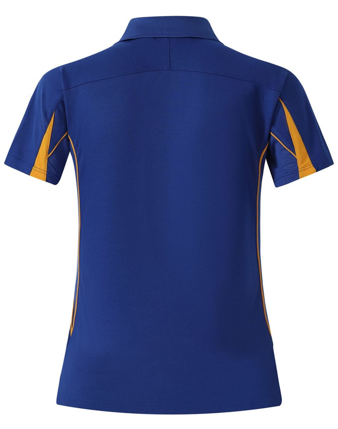 A blue short sleeve polo shirt with orange accents and a logo on the upper chest area.