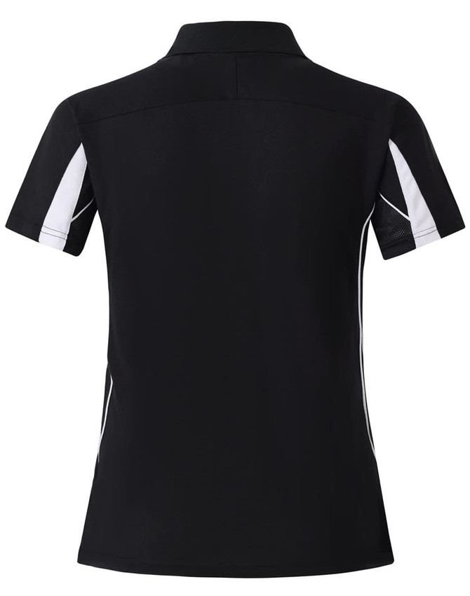 A black short sleeve polo shirt with white accents and a logo on the front.