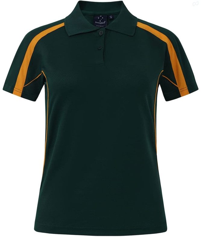 A green polo shirt with yellow detailing and a logo on the chest. Short sleeves and a classic collar design.
