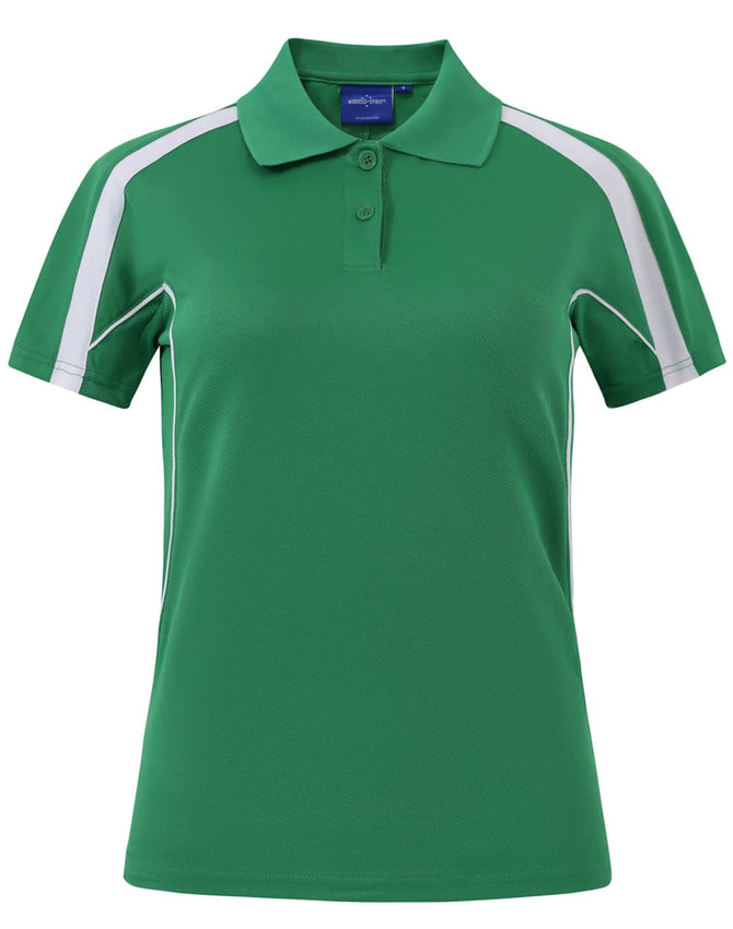 A green and white short sleeve polo shirt featuring a collar and contrasting side panels, with a logo on the chest.