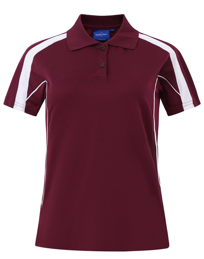 A maroon short sleeve polo shirt featuring white accents and a logo on the collar.