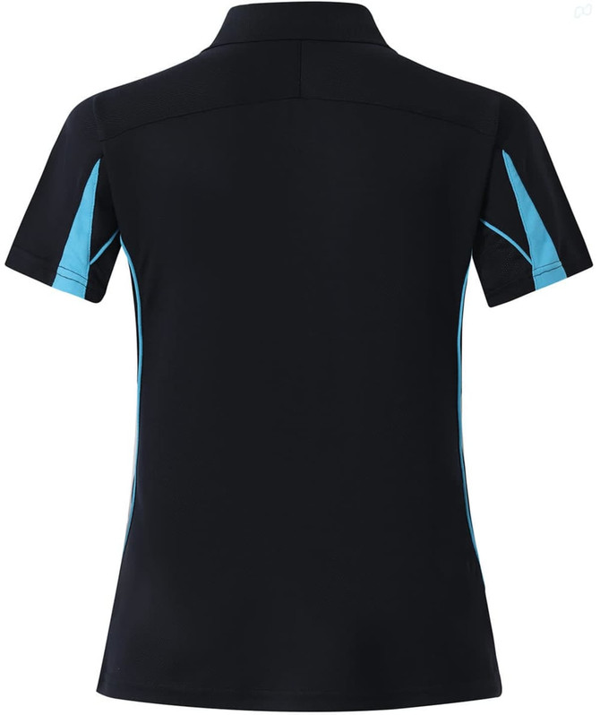 A black polo shirt with short sleeves featuring turquoise accents and a logo on the back.