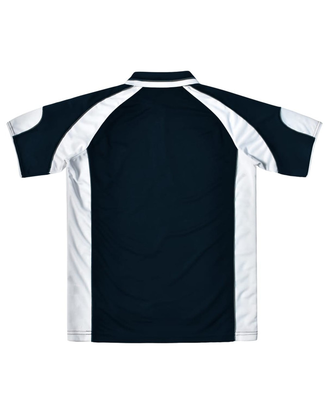 A navy blue and white men's polo shirt featuring a logo. The design includes short sleeves and a collar.