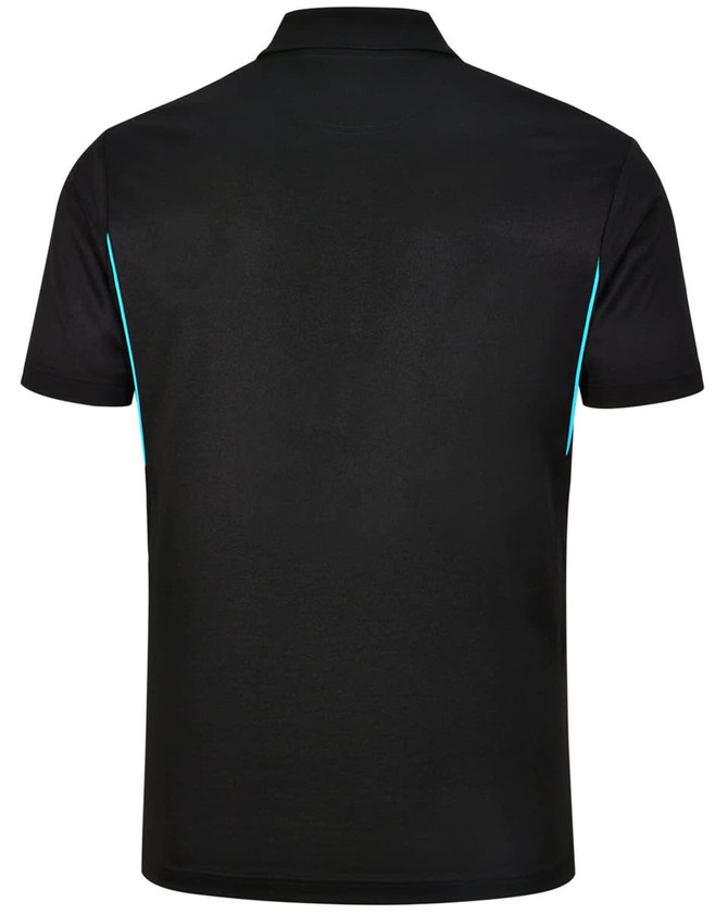 A black men's polo shirt featuring contrast turquoise detailing on the sides. Includes a logo on the chest.
