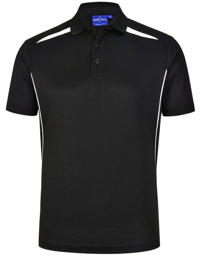 A black sustainable poly/cotton short sleeve polo shirt with white contrast stripes and a collar.