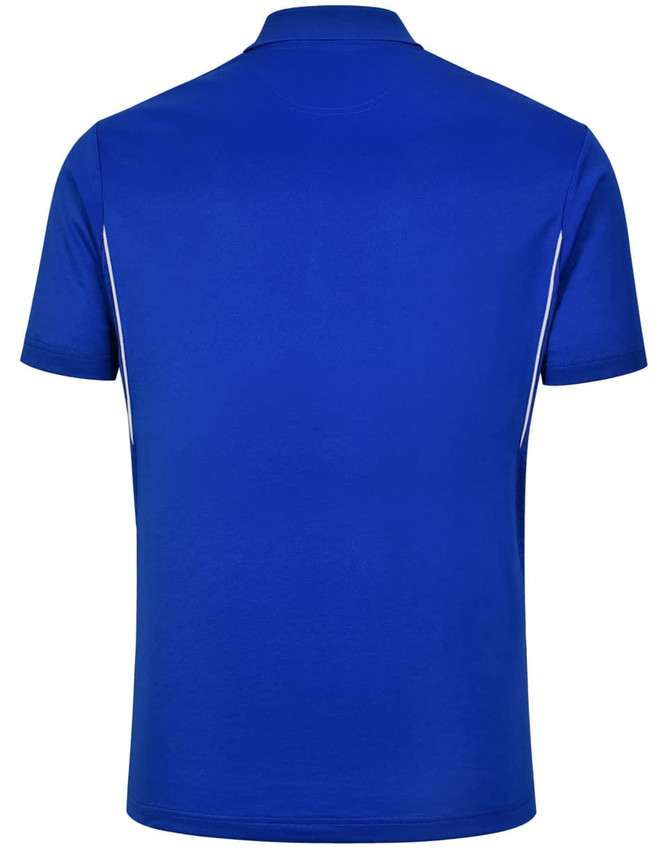 A blue men's sustainable poly/cotton short sleeve polo shirt with contrasting details and a logo.