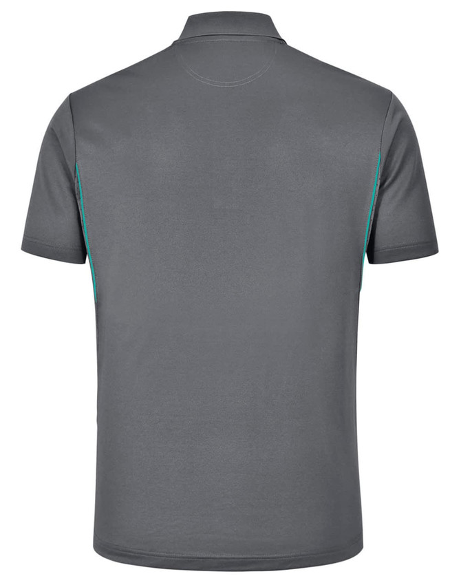 A grey men's sustainable poly/cotton polo shirt featuring contrasting details and a logo.