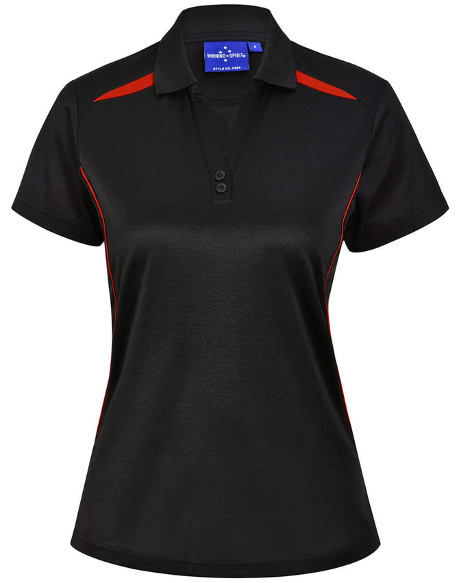 A black polo shirt with contrasting red accents, featuring a collar and button placket. Includes a logo.