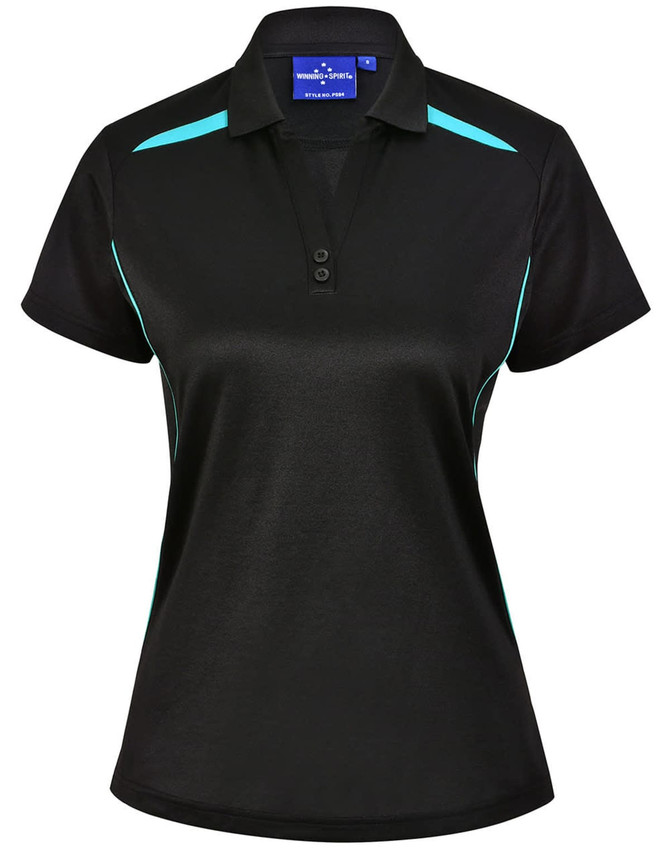 A black polo shirt with turquoise contrast detailing and a collar, featuring a logo on the label.