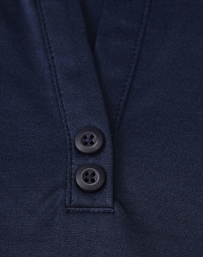 A navy blue polo shirt featuring a two-button placket and a logo. The material is a sustainable poly/cotton blend.