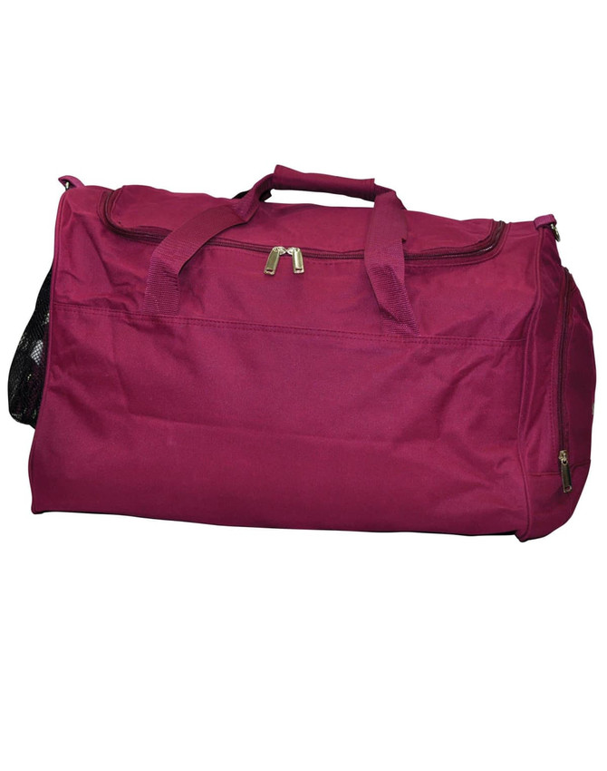 A maroon duffle bag with handles and a mesh side pocket, featuring a zippered closure and a logo.