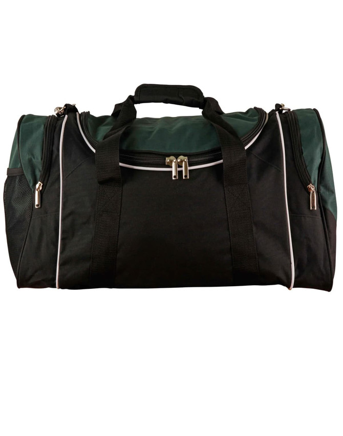 A black and green duffle bag with dual handles and zippered compartments, featuring a logo.