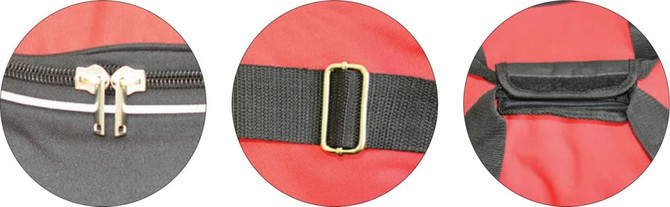 A red and black duffle bag featuring zippers, adjustable straps, and a branded logo.