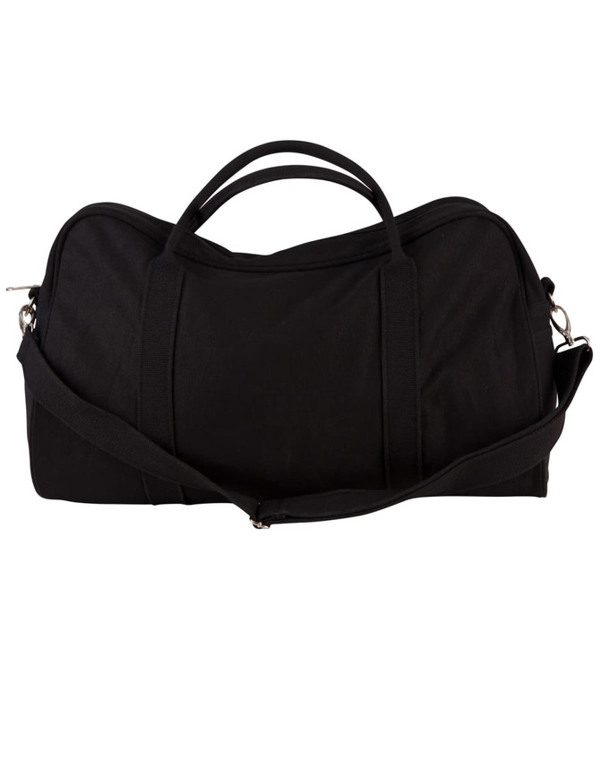 A black cotton canvas sports bag featuring dual handles and an adjustable shoulder strap. It has a logo on the front.