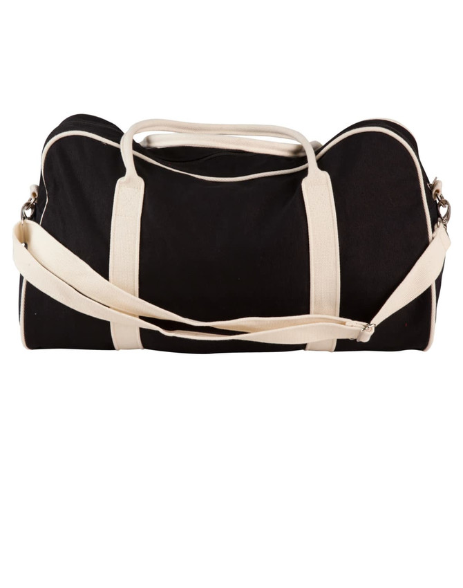 A black cotton canvas sports bag with cream handles and adjustable shoulder strap, featuring a logo.