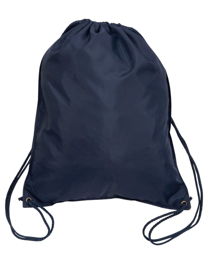 A navy blue swim backpack with drawstring closures and shoulder straps. It features a simple design and a logo.