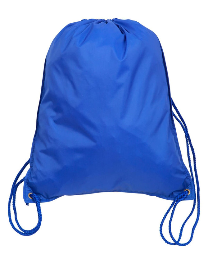 A blue swim backpack with drawstring closure and matching cords, featuring a logo on the front.
