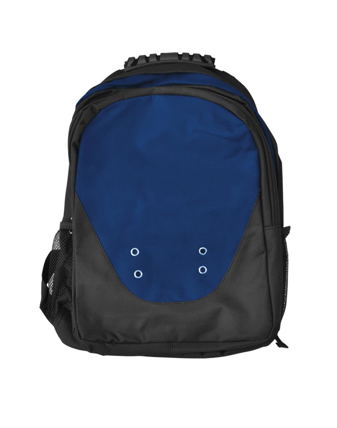 A Climber Backpack in navy blue and black, featuring a front pocket and a mesh side pocket. It has a logo on it.