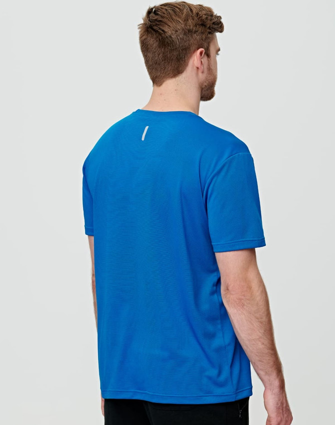 A blue men's ultra lightweight performance short sleeve tee featuring a logo on the back.