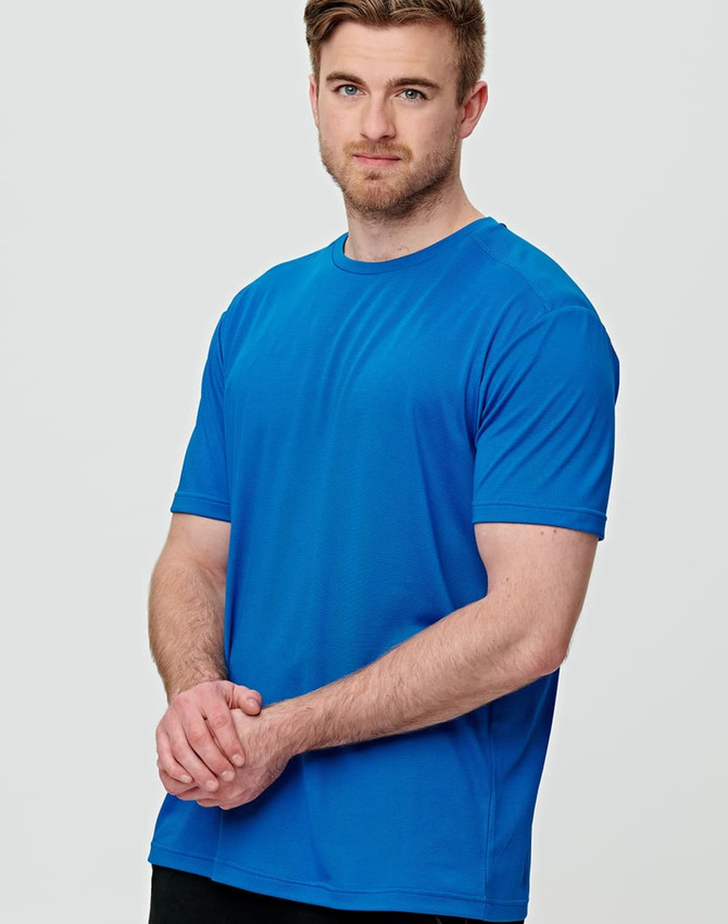 A blue men's ultra light weight performance short sleeve tee, featuring a logo on the sleeve.