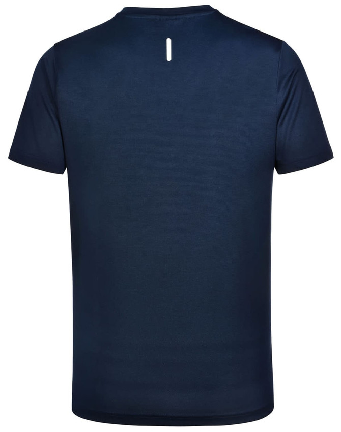 A navy blue men's short sleeve performance T-shirt with a lightweight design and a subtle logo.