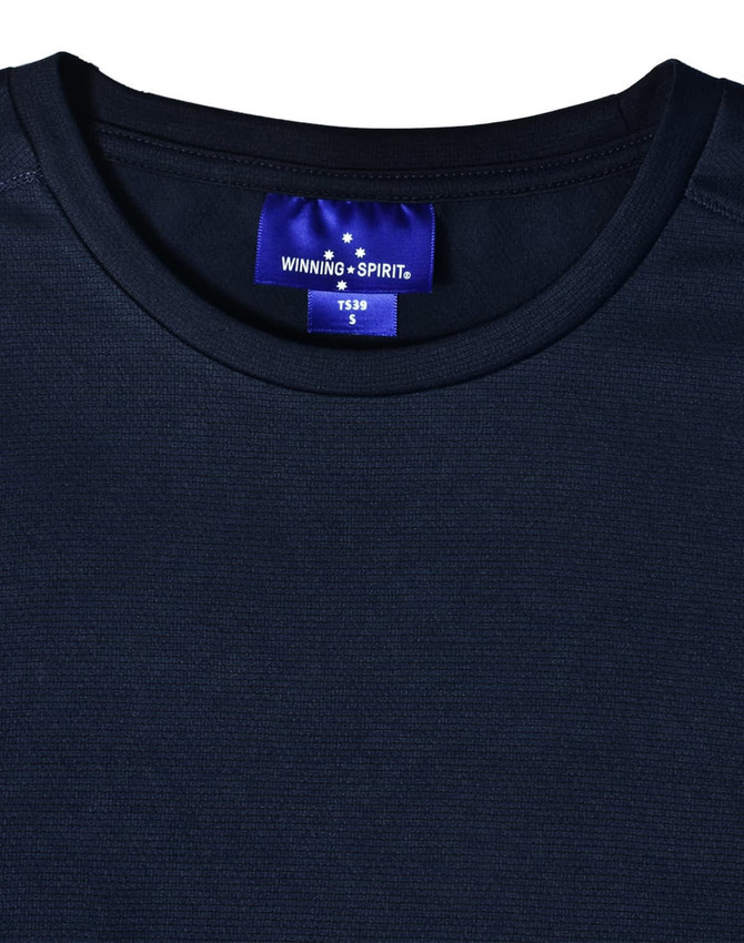 A navy blue men's ultra-lightweight performance short-sleeve tee featuring a logo on the neckline.