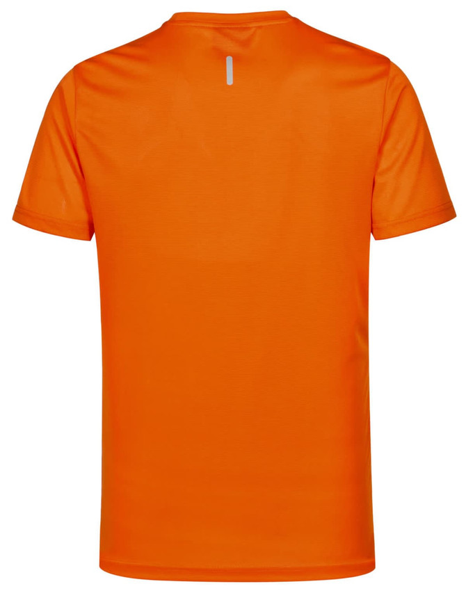 An orange short-sleeve performance t-shirt with a reflective detail at the back and a logo.