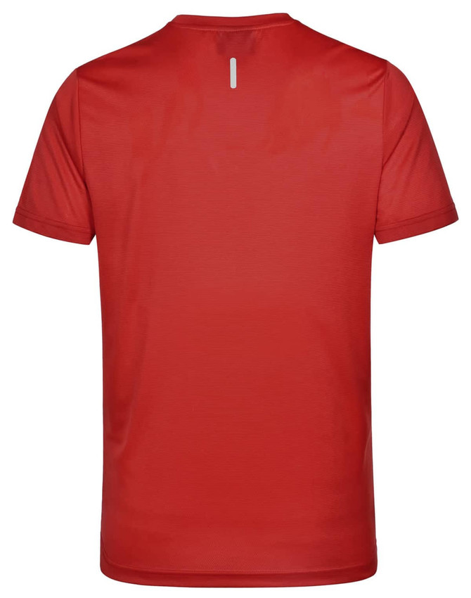 A red men’s ultra light weight performance T-shirt with short sleeves and a small logo on the back.