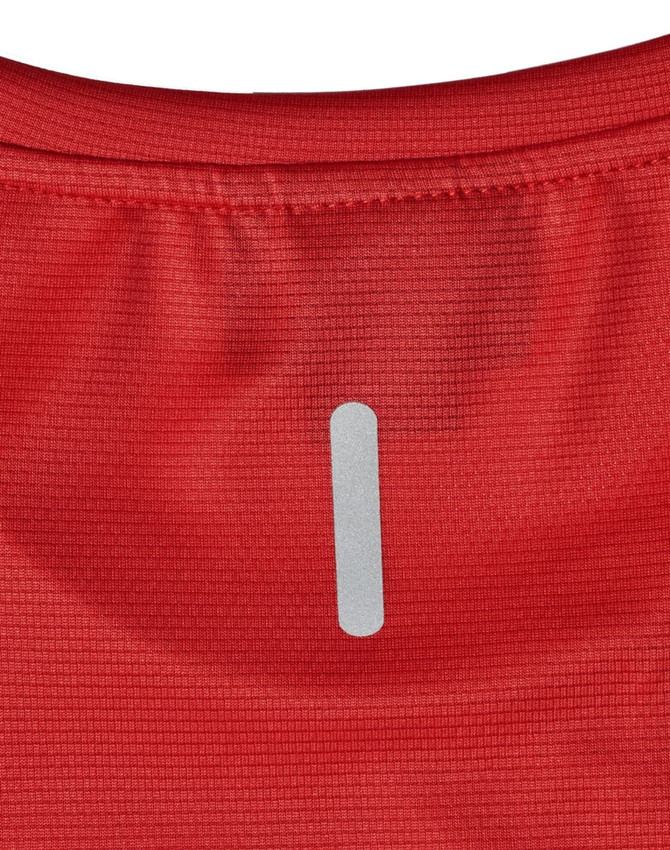 A close-up of a red ultra-lightweight performance T-shirt featuring a small logo on the back.
