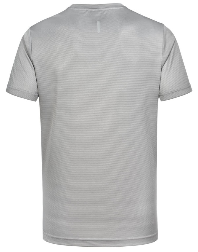 A light grey men's short-sleeve performance T-shirt featuring a logo on the back.
