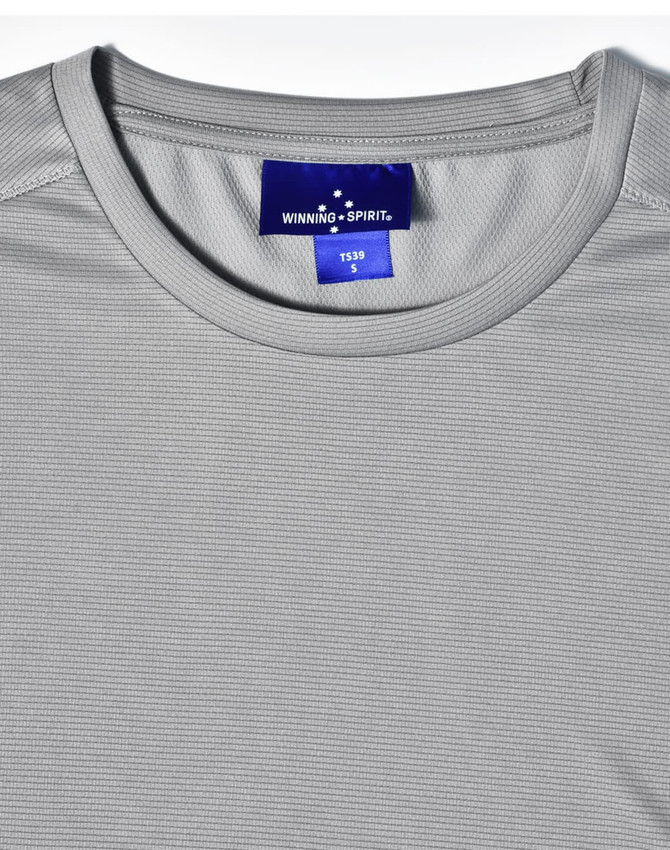 A light grey men's short-sleeve performance tee with a textured fabric and a label inside.