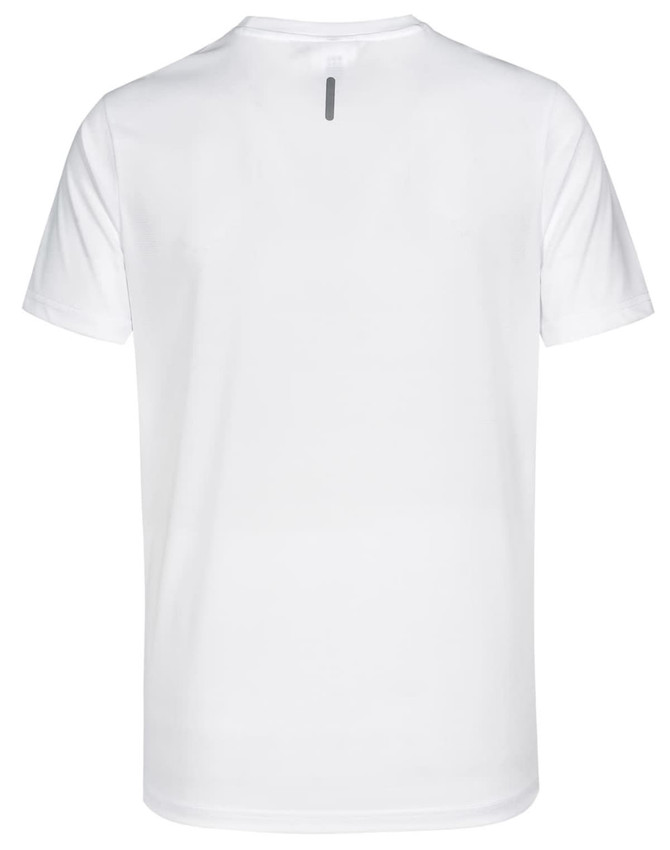 A white men's short sleeve performance T-shirt featuring a logo on the back.