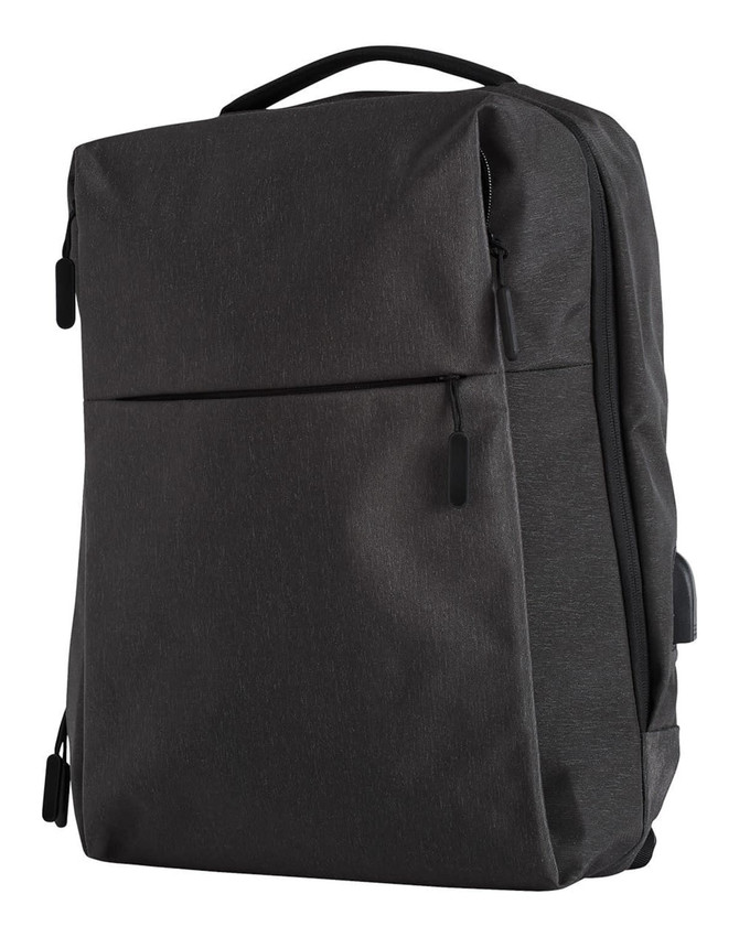 A dark grey backpack with a sleek design, featuring zippers and a handle, and includes a logo.