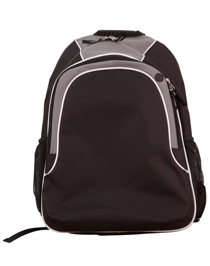 A black and grey backpack with mesh side pockets and a logo on the front.
