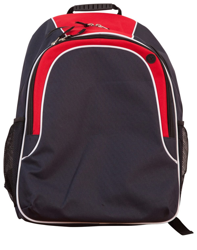 A navy and red backpack featuring a logo and mesh side pockets.