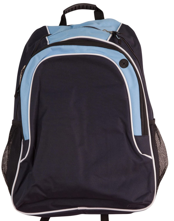 A navy blue and light blue backpack featuring a front pocket and mesh side pockets. It has a logo on it.