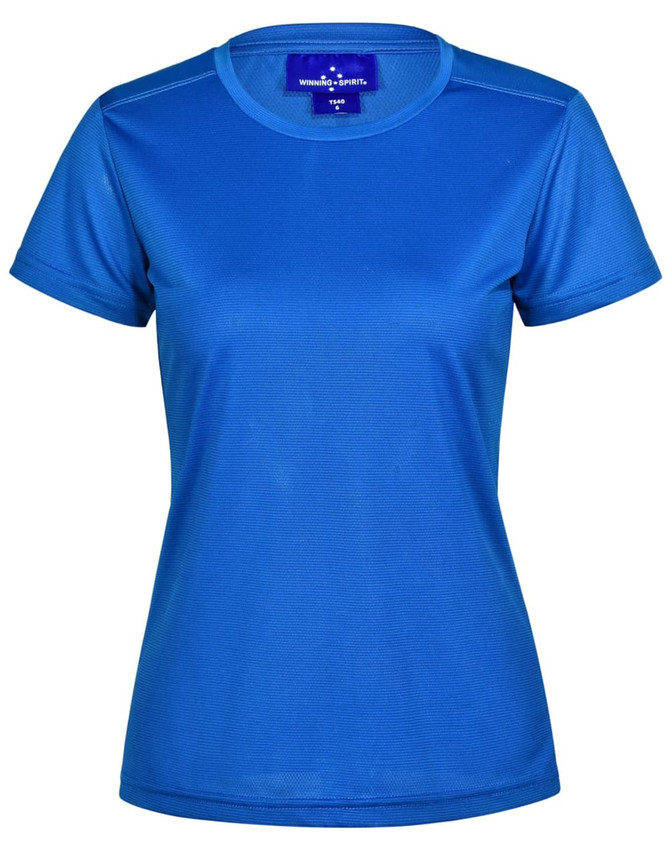A blue short-sleeve women's performance t-shirt with a smooth texture and fitted design. It includes a logo.