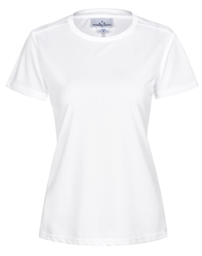 A white short-sleeve women's performance t-shirt featuring a simple design and a logo.